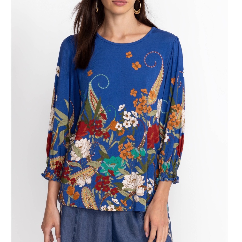 Johnny Was Tee Bee Smocked Sleeve Tee Floral Paisley Top Blue - Large
